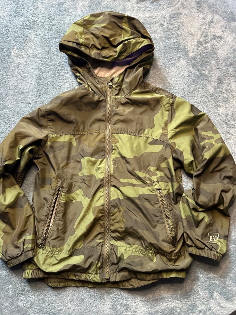 Gap Kids Camo Army Hooded Rain Jacket Windbreaker Medium Green Zip Lightweight